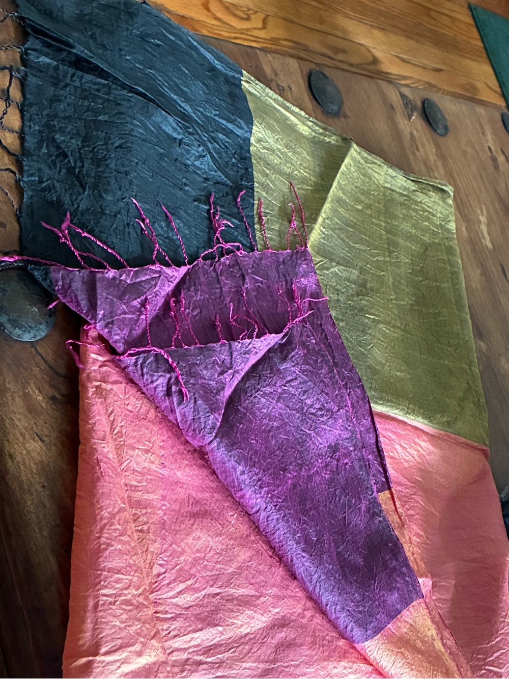 Colorblock Silk-Look Scarf in Pink, Purple, Olive & Black